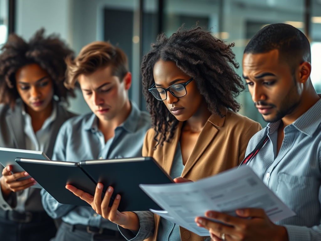 A diverse group of four professionals in a modern office setting, intently reviewing documents and tablets, showcasing teamwork and focus.