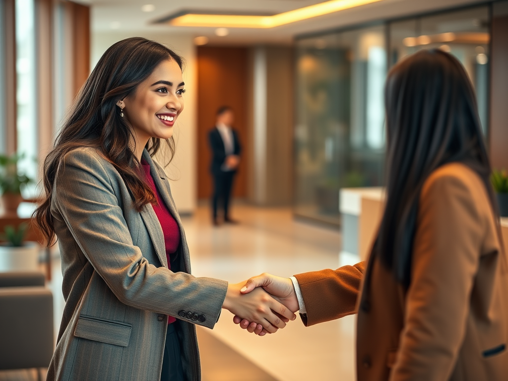 Two businesswomen shaking hands in a modern office environment, with one wearing a grey blazer and the other in a brown coat.
