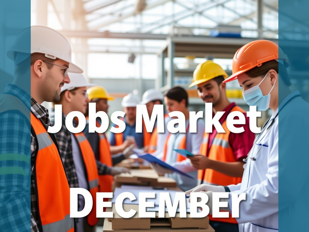 A group of diverse workers in safety vests and hard hats engaged in a discussion about job opportunities, with a focus on the 'Jobs Market' for December.