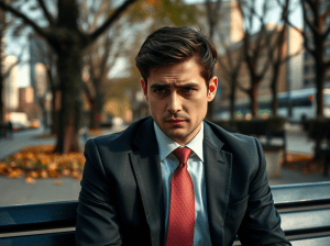 A young man in a dark suit and red tie sitting on a bench in an urban park, looking pensive with a blurred city background.