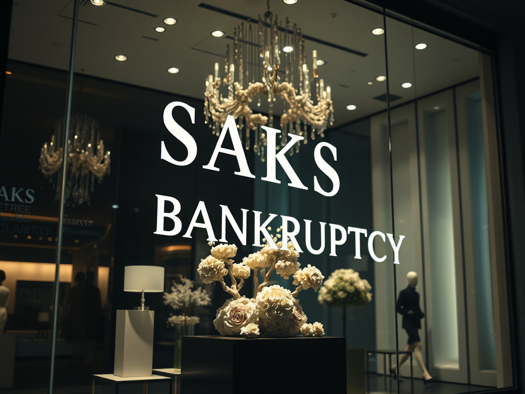 A storefront display featuring the words 'SAKS BANKRUPTCY' in large white letters, surrounded by floral arrangements and elegant chandeliers in the background.