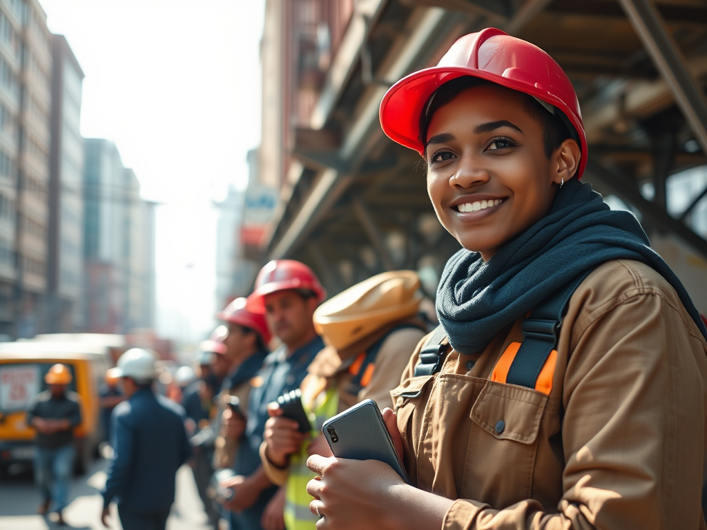 A smiling female construction worker wearing a red hard hat and a dark scarf stands in an urban setting, surrounded by fellow workers in hard hats. The background features buildings and a busy street, capturing a lively construction atmosphere.
