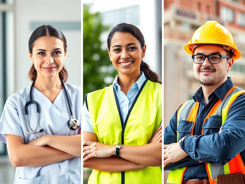 A smiling female healthcare professional wearing scrubs and a stethoscope, a smiling woman in a bright safety vest, and a confident man in a hard hat and safety gear, standing together in a collage.