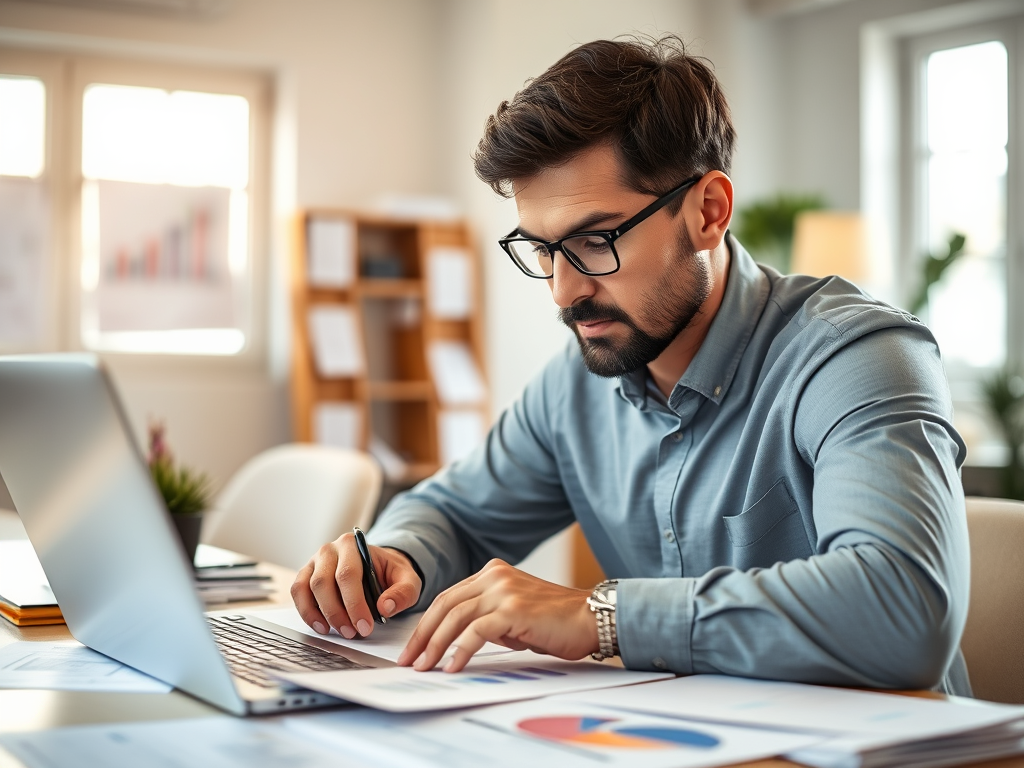 A focused man with glasses is working on a laptop in a modern office, analyzing documents and charts.