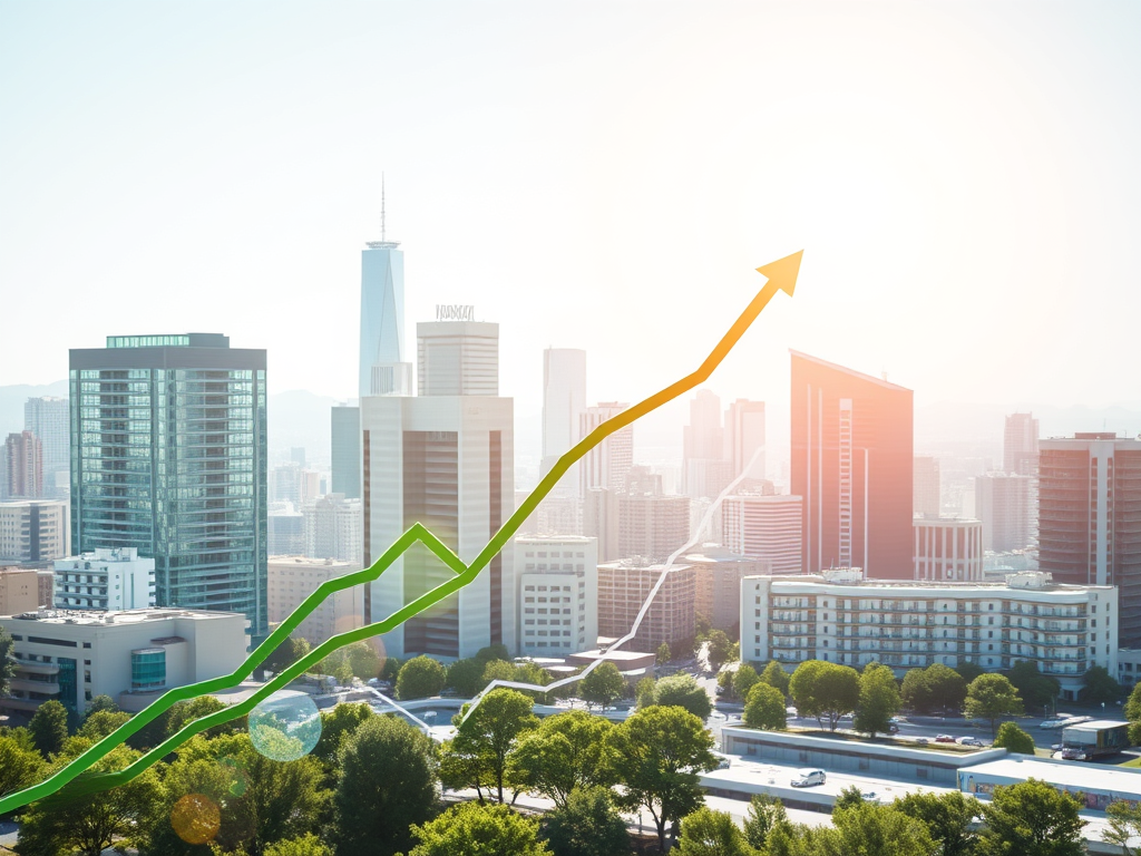 City skyline with a graph overlay showing an upward trend, symbolizing growth and success.