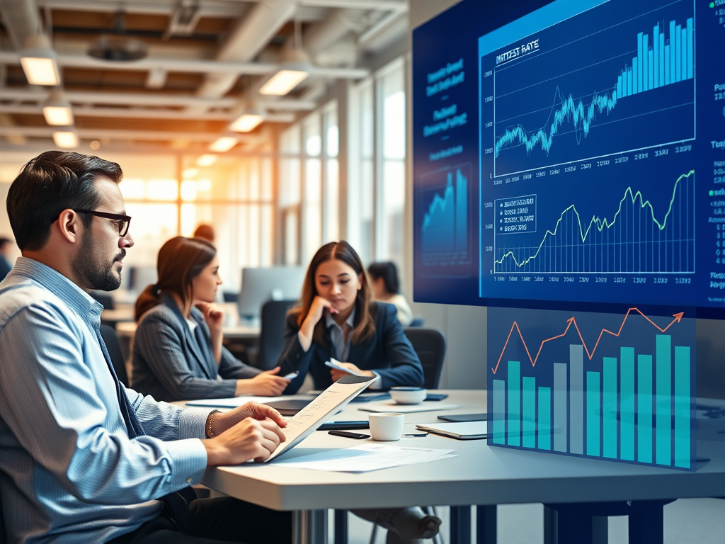 A group of professionals in an office setting engaged in a meeting. A man with glasses analyzes documents, while two women review data on a digital screen displaying various financial graphs and charts.