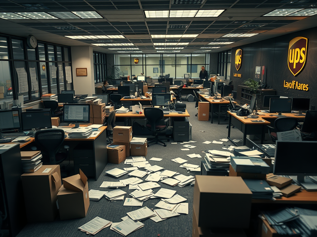 An office space filled with scattered papers and cardboard boxes, featuring numerous workstations with computers. The UPS logo is prominently displayed on the wall, and a few employees are visible in the background amidst the disarray.