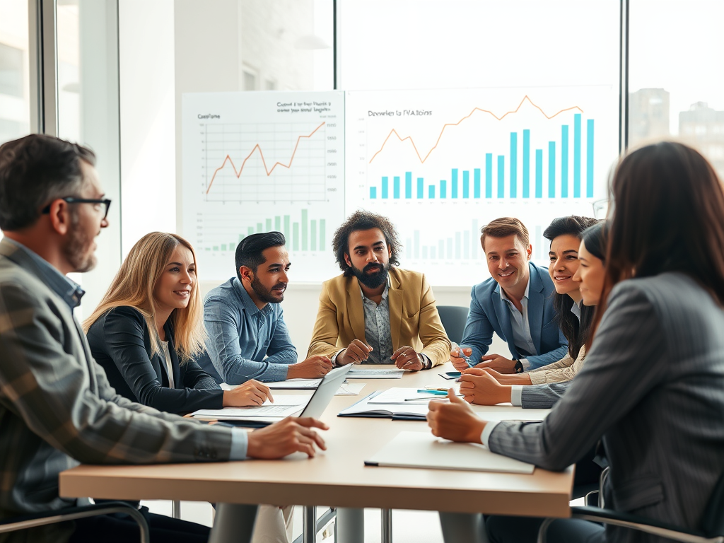 A diverse group of six professionals engaged in a business meeting around a table, with charts and graphs displayed on the wall behind them.