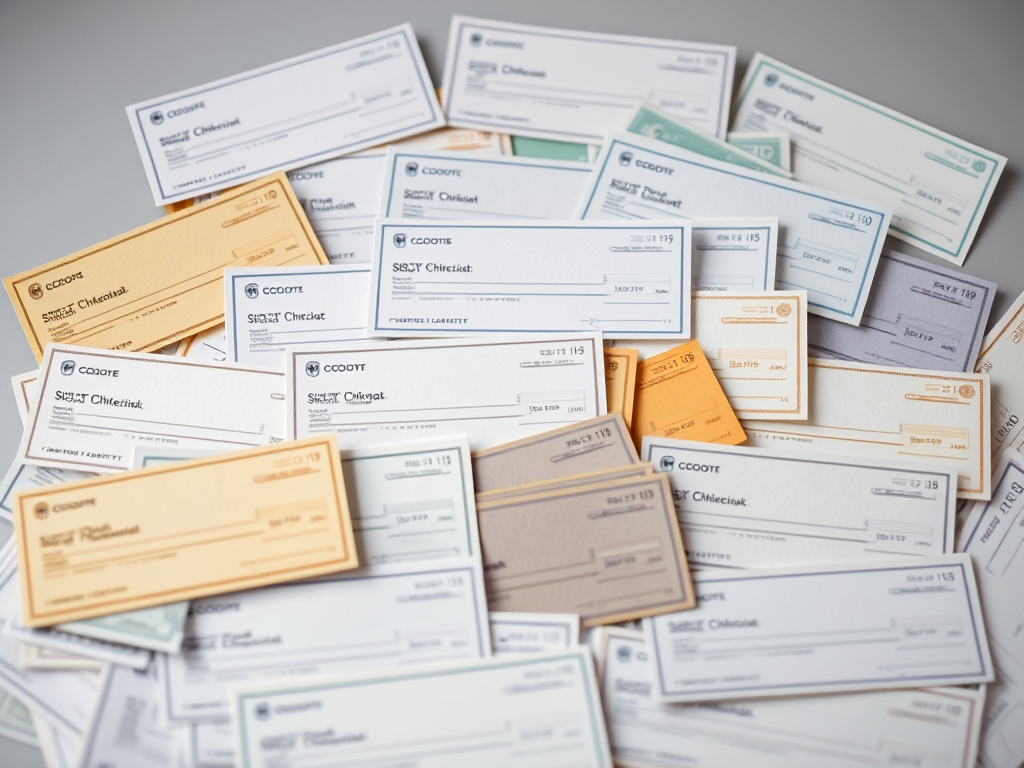 A collection of various checks in different colors arranged on a gray surface.