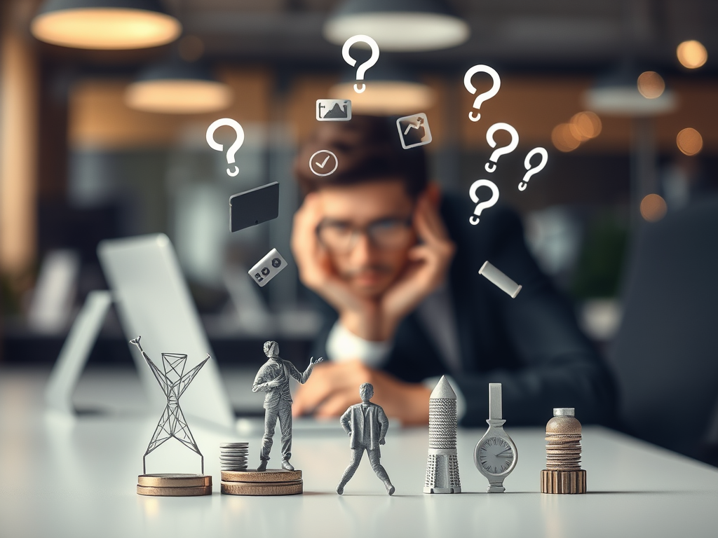 A businessman sitting at a desk, appearing contemplative and slightly frustrated, with miniature figurines representing various concepts in front of him, including a tower, a person, a rocket, and other objects, along with question marks and icons floating above.