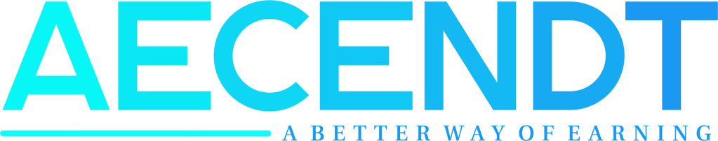 Logo of AECENDT featuring bold, modern typography in blue and cyan, with the tagline 'A Better Way of Earning' underneath.