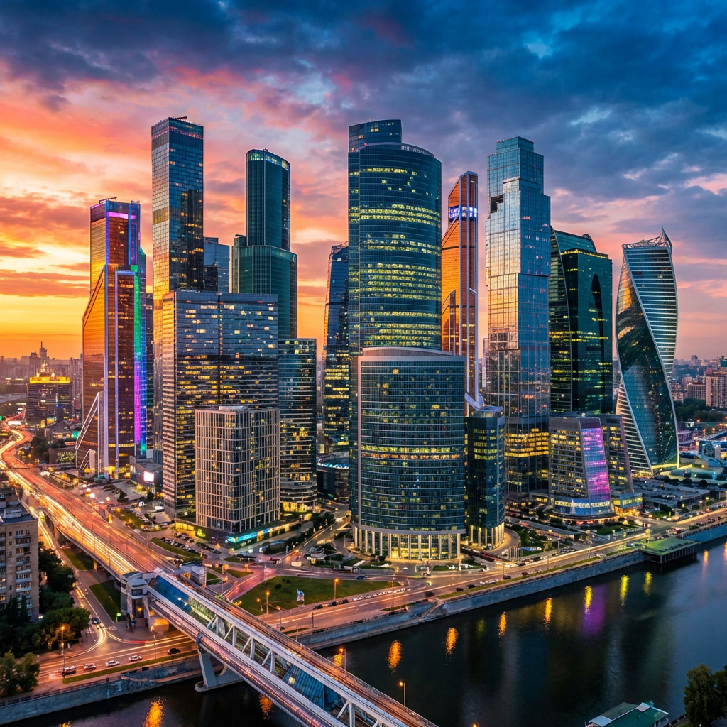 Modern glass skyscrapers of Moscow City illuminated at sunset by a river.