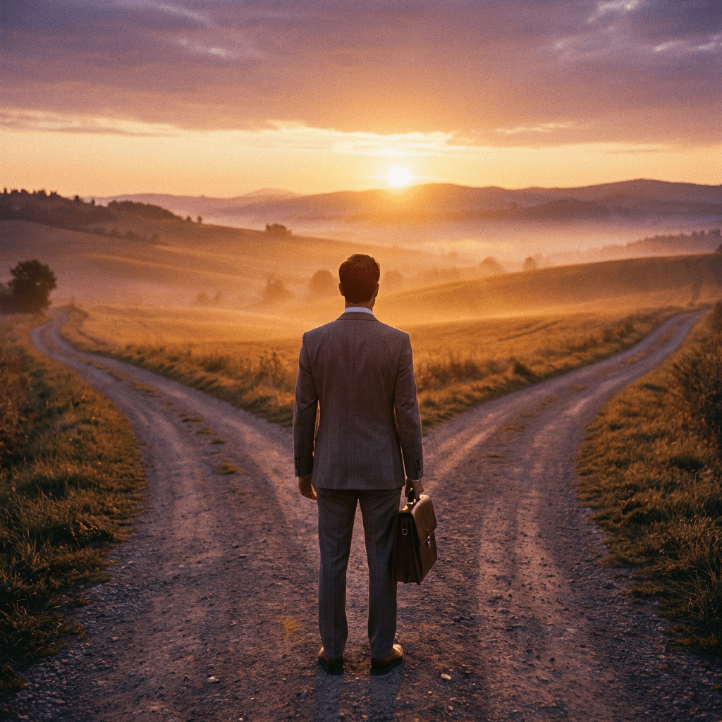Businessman at a fork in a dirt road during a golden sunrise.