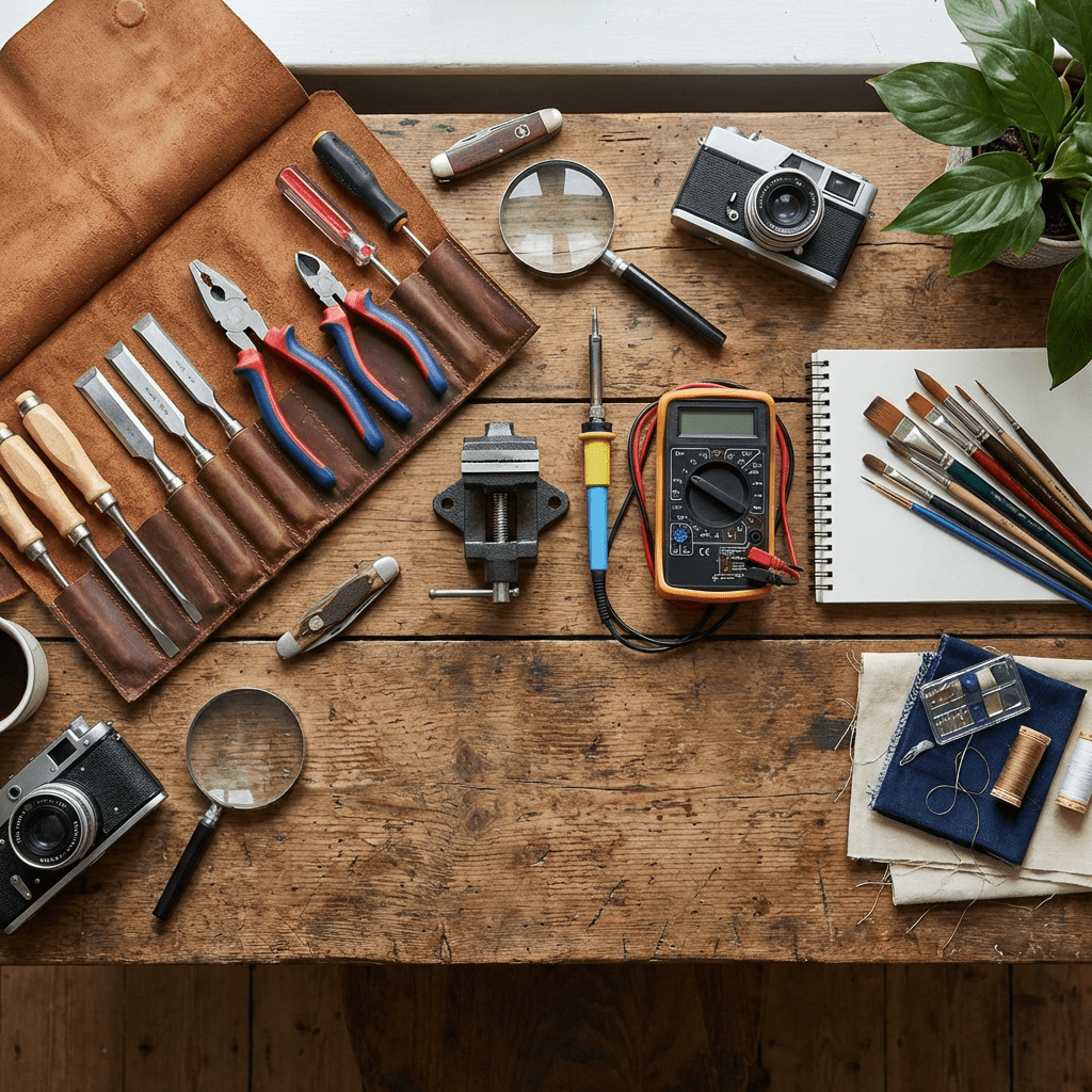 Assorted tools for woodworking, electronics, sewing, and photography arranged on a rustic wooden workbench.