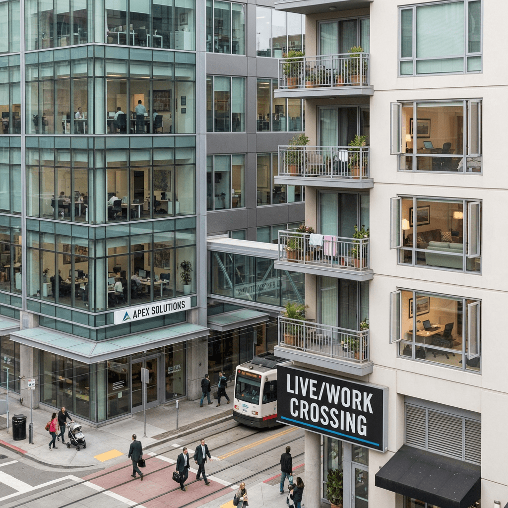 Street scene featuring buildings with APEX SOLUTIONS and LIVE/WORK CROSSING signs and a light rail.
