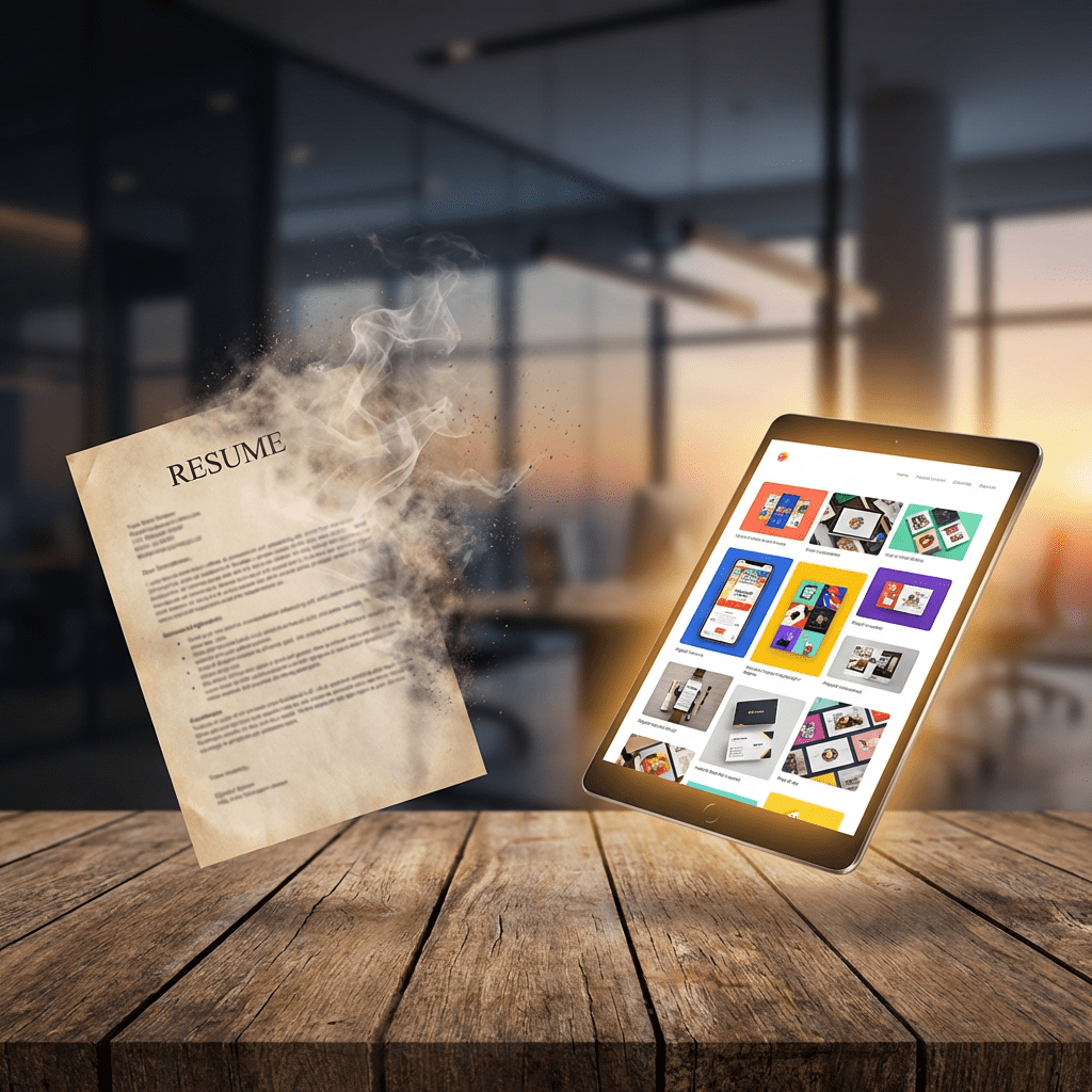 Paper resume disintegrating beside a tablet displaying a colorful digital portfolio