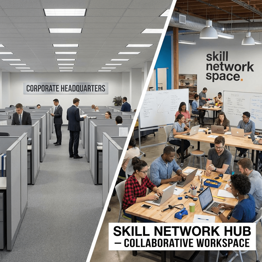 Corporate office with cubicles and people working versus collaborative workspace with people using laptops and whiteboards