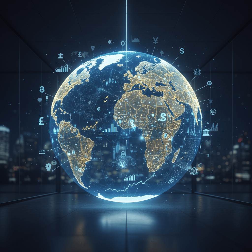 Digital globe showing continents with currency icons and financial graphs