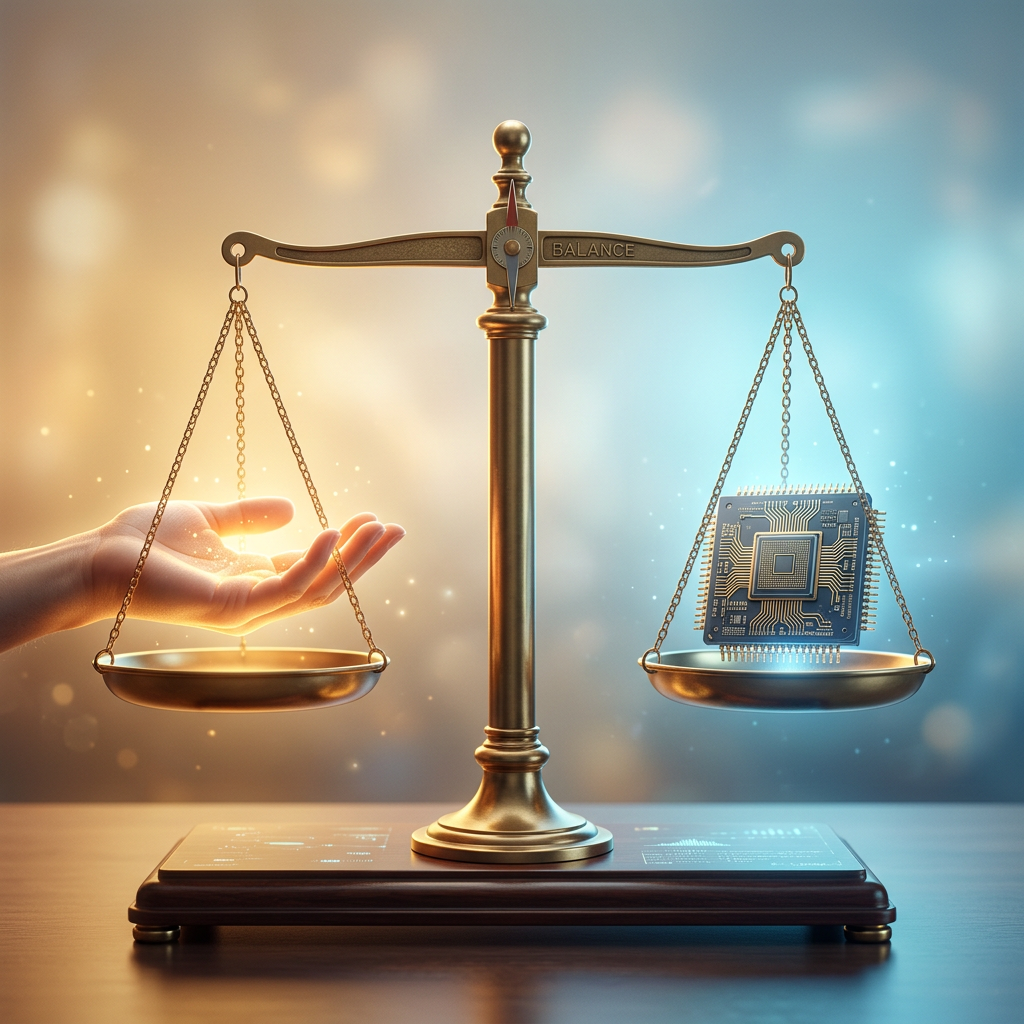 A balance scale with a human hand on one side and a computer chip on the other side.