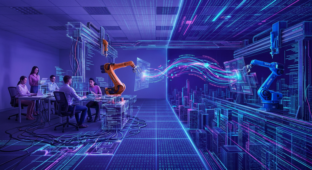 Robotic arms exchanging digital data streams in a high-tech office environment with people watching